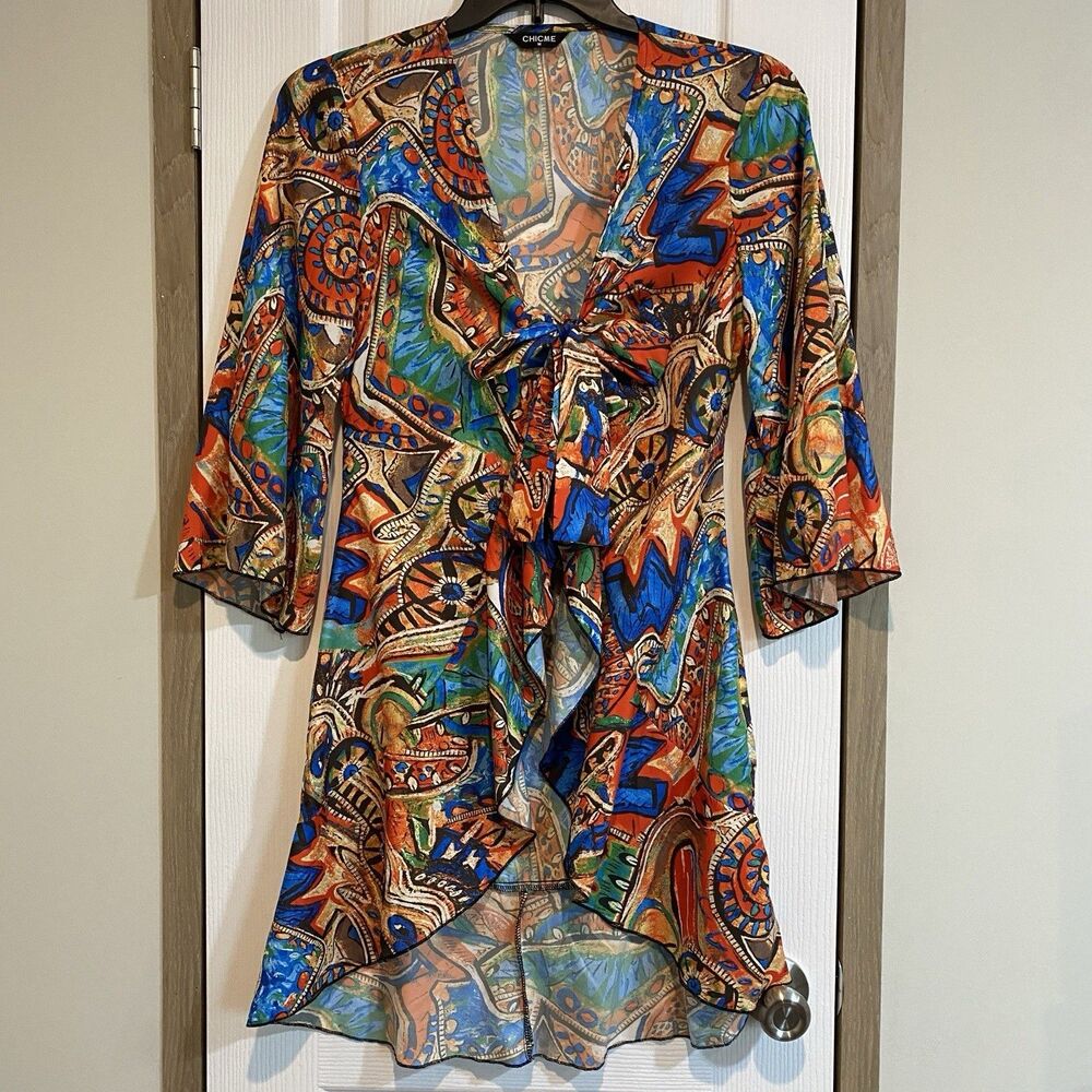 ChicMe Abstract Tie Kimono Colorful Ruffle Bell Sleeves Medium High-low